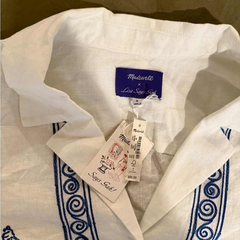Lisa Says Gah White Blouse with Blue Embroidery